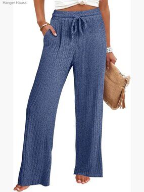 Soft Ribbed Knit Pajama Pants with Pockets, Drawstring, Straight Leg